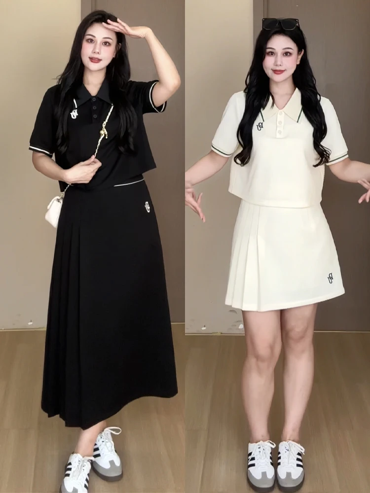 

Egg Sister View plus Size Women's Summer Slimming ort Sve irt And f Skirt Set Concealing Meat Two-Piece Set