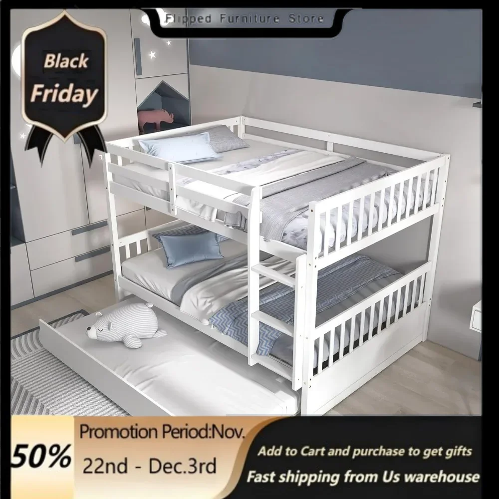 Full Over Full Bunk Bed with Trundle, Solid Wood Bunk Bed Frame W/Guardrails and Ladder, Convertible To 2 Beds for Kids Teens