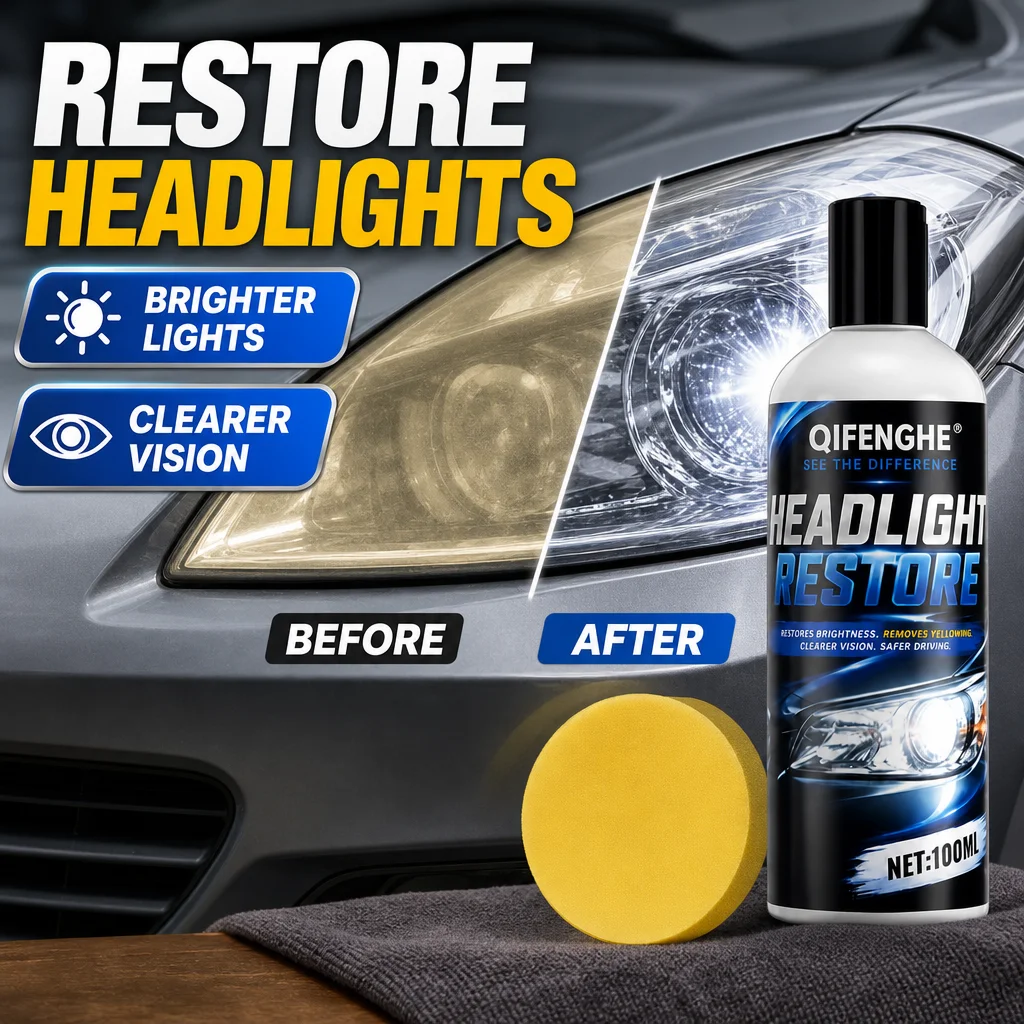 QIFENGHE 100ml Headlight Restore Liquid with Sponge, Car Headlamp Yellowing Oxidation Remover, Restore Lens Clarity, No Sanding