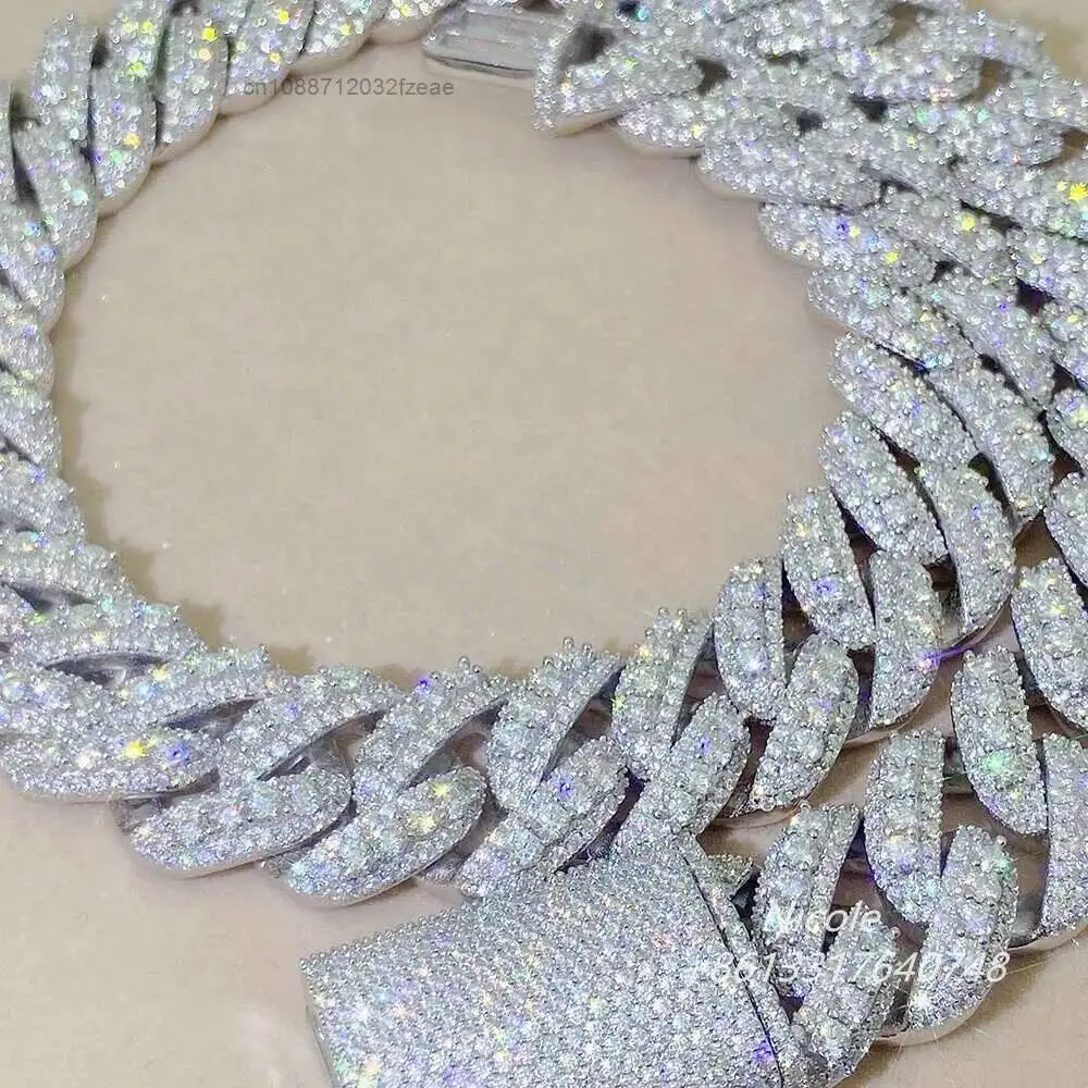 Luxury Hip Hop Iced Out 3 Rows Gra Certificate Vvs Moissanite Fine Jewelry Necklaces Miami Silver Men's 20mm Cuban Link Chain.