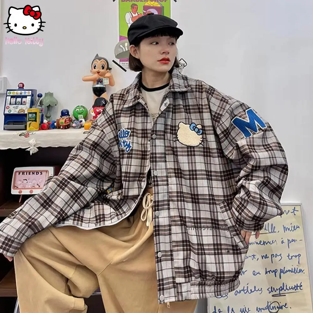 

Sanrio Kawaii новая осенняя хлопковая куртка с героями мультфильмов, оверсайз, повседневная винтажная трендовая куртка в стиле аниме «Hello Kitty», наряд для пары, клетчатое пальто