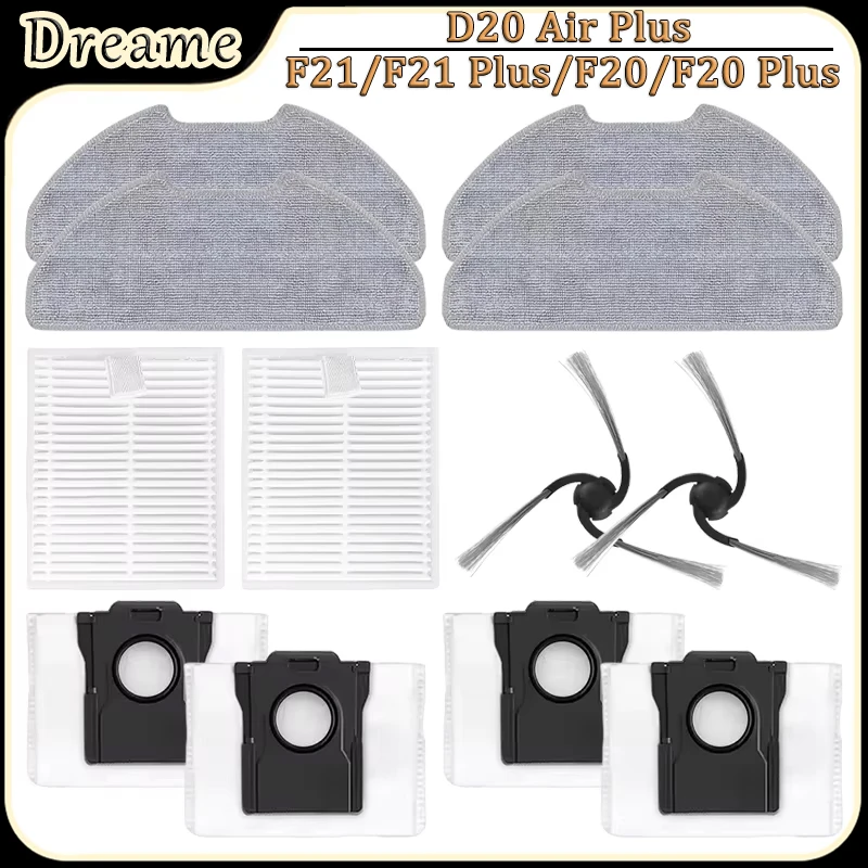 For Dreame D20 Air Plus/F21/F21 Plus/F20/F20 Plus Robot Vacuum Accessories Filter Side Brush Mop Pad Dust Bag Replacement Parts