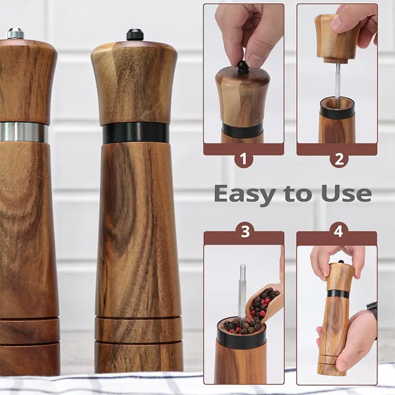 Steel Ring Pepper Grinder,Manual Acacia Wood Pepper Mill,Multi Use Seasoning Bottle,Ceramic core,BBQ Tool Shaker Grinder Sets ﻿