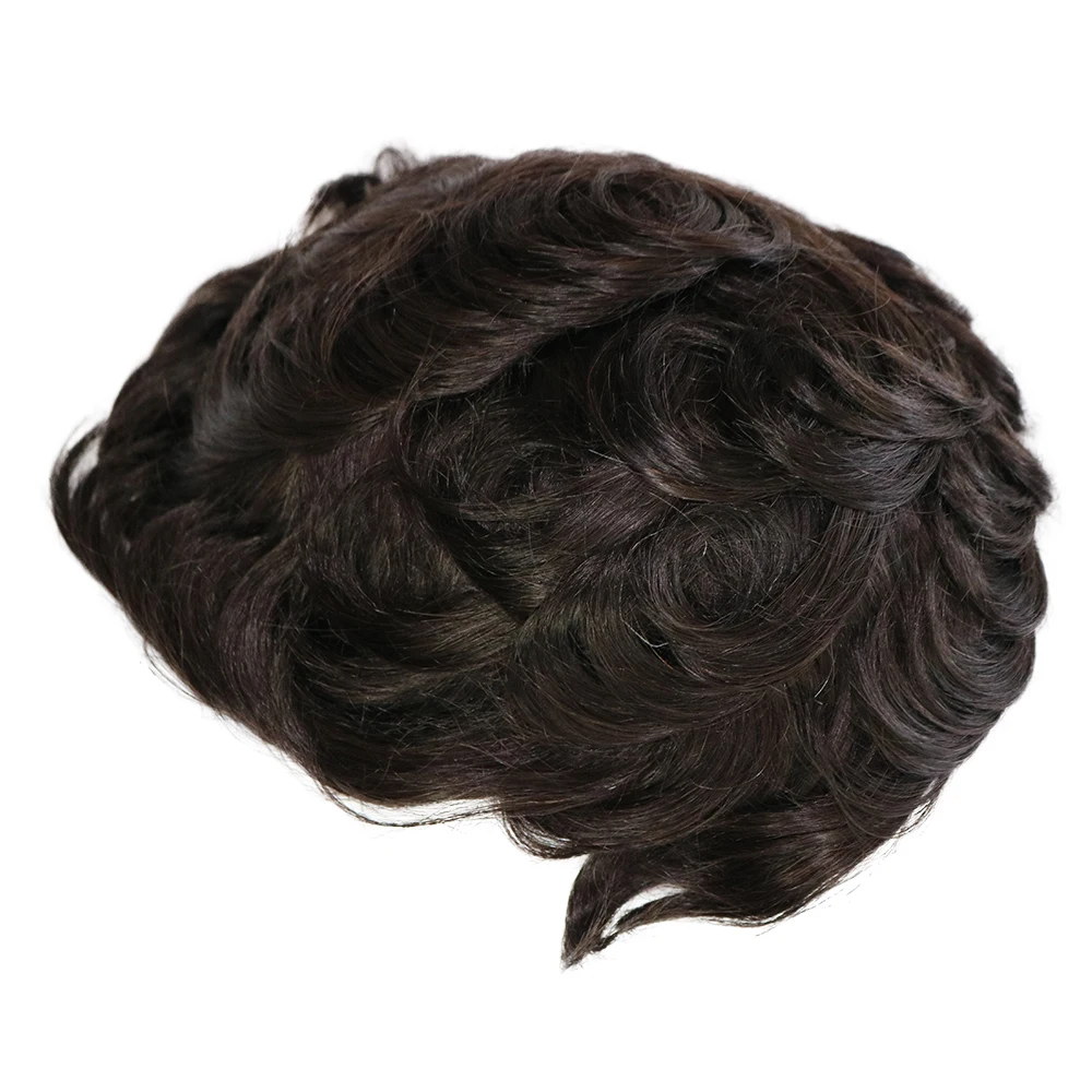 Super Durable Thickness Full PU Base Men Toupee Real Front Hairline Wavy Human Hair Man Wig Black Brown Hair Pieces Replacement