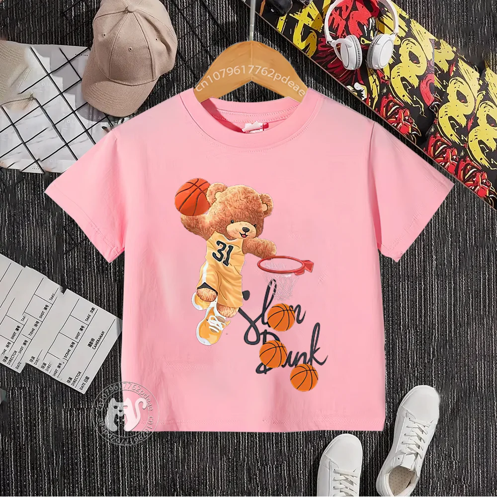 Summer 100% cotton T-shirt for boys and girls Baby Street Dunk Baby Bear pattern teen comfortable casual top Cotton T-shirt top