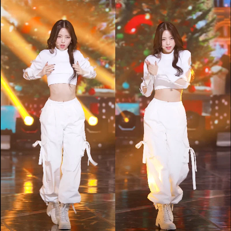 Kpop Girl Group New Jazz Dance White Slim Hollow Out Long Sleeve Vest Crop Tops + Hip Hop Loose Cargo Pants Women Two Piece Set