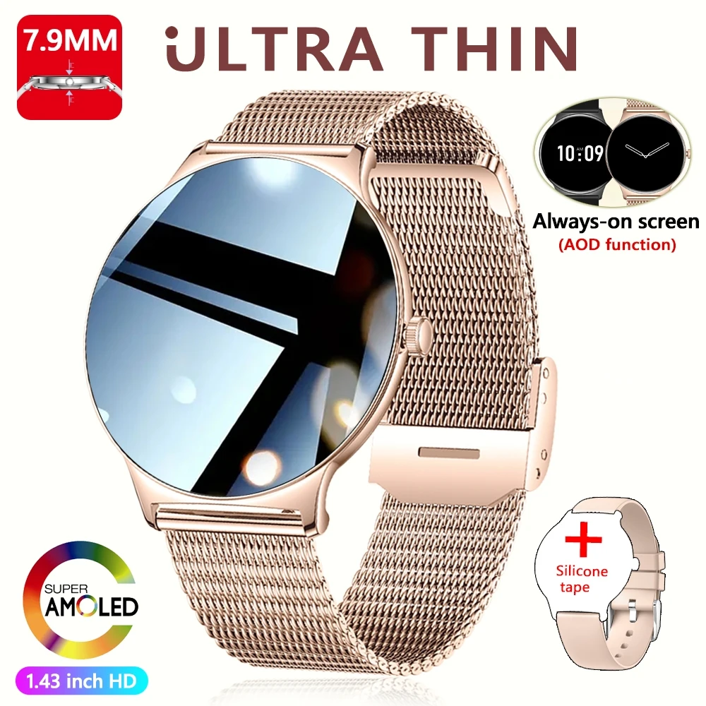 Ultradünne, modische Damen-Smartwatch, 1,43 Zoll AMOLED-HD-Bildschirm, Sportarmband, Uhr, zeigt immer die Zeit, Bluetooth-Anruf-Smartwatch
