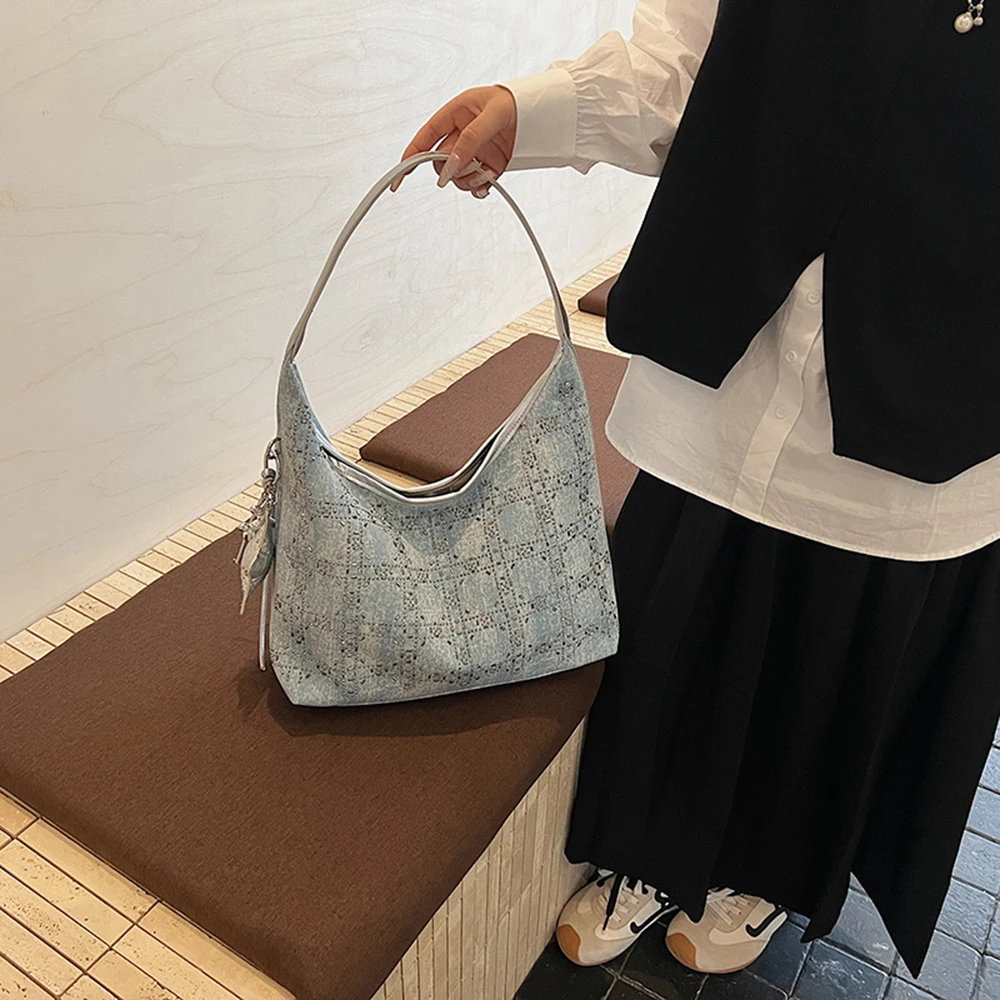 حجر الراين مزين الدينيم حقيبة كروسبودي كتلة اللون حمل المحفظة التصميم الكلاسيكي أكياس نمط الحد الأدنى للاستخدام اليومي للتنقل #6