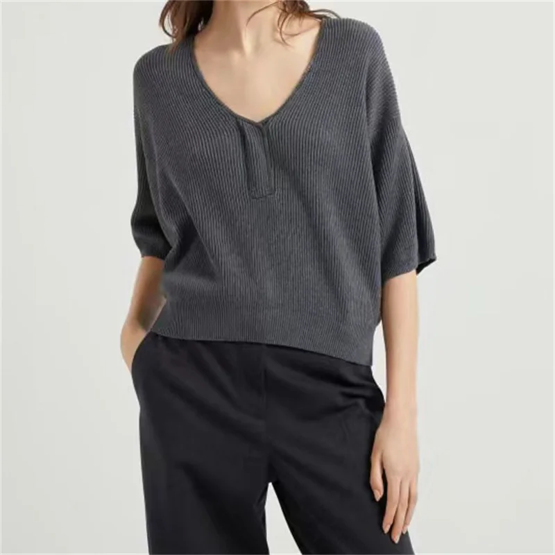 

Sweaters for women 2024 Autumn New Elastic Ribbed Knitted V-neck Pullover Casual versatile pure cotton Short sleeve knitwear y2k