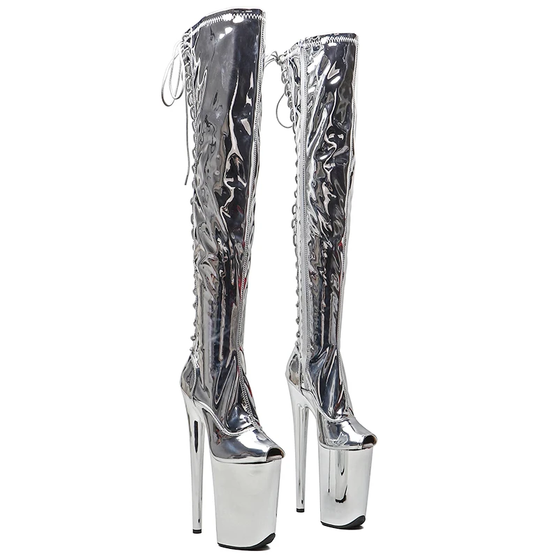 

Leecabe 23CM/9inches Shiny PU upper Sexy boots Small Open Toe Silver electroplate High Heels Platform Pole Dance shoes