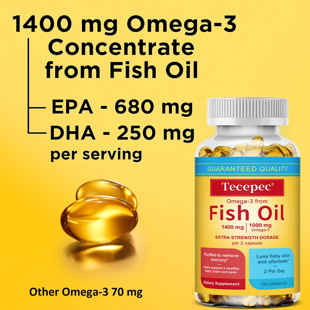 Omega-3 Fish Oil 1400mg with 1000mg Omega-3 - Extra Strength, Supports Heart, Brain and Eyes, Purified