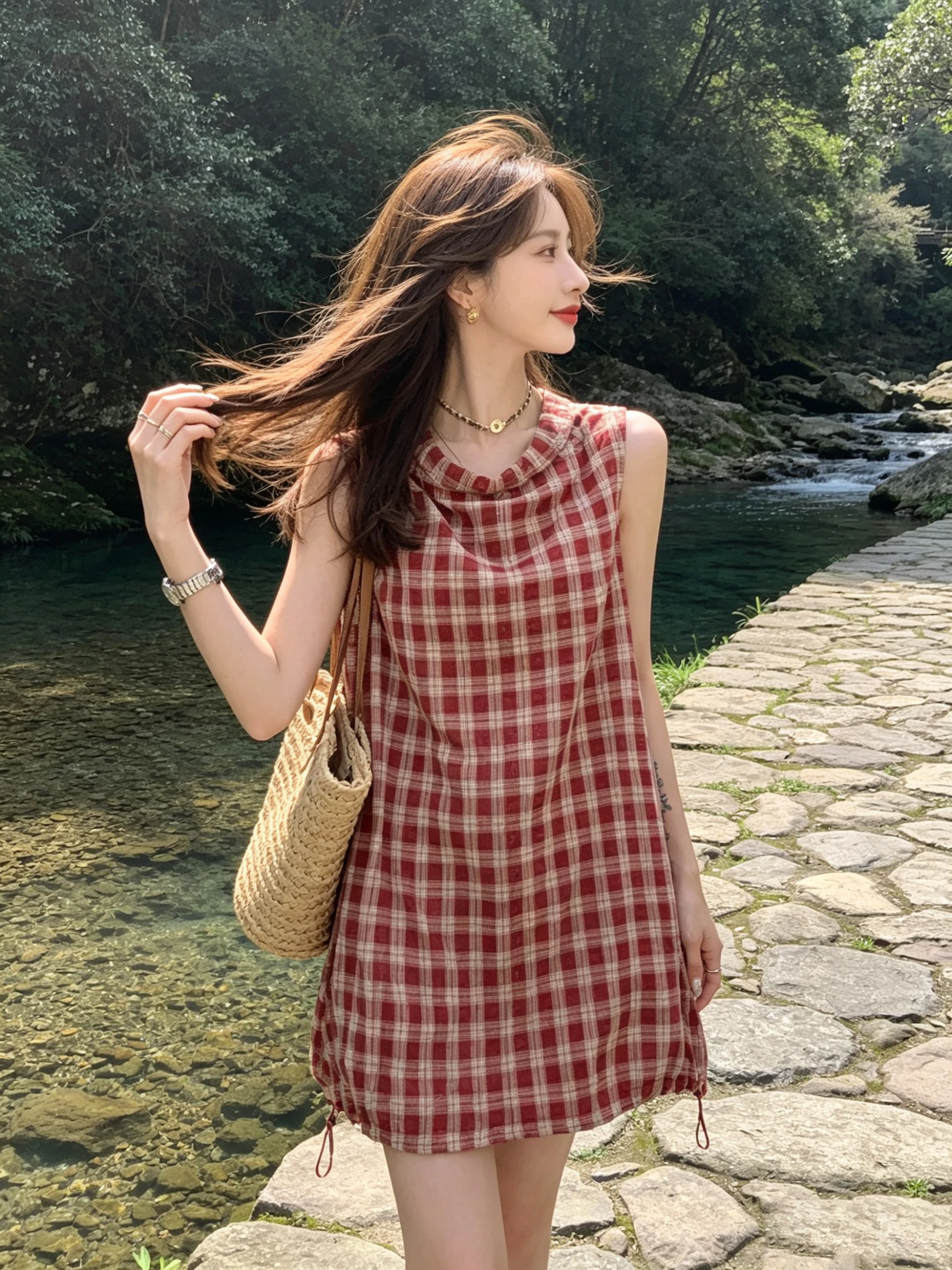 

Sweet Korean Style Casual Plaid Sleeveless Dress Women's Loose Slimming Beautiful Summer Short Skirt A-Line Skirt