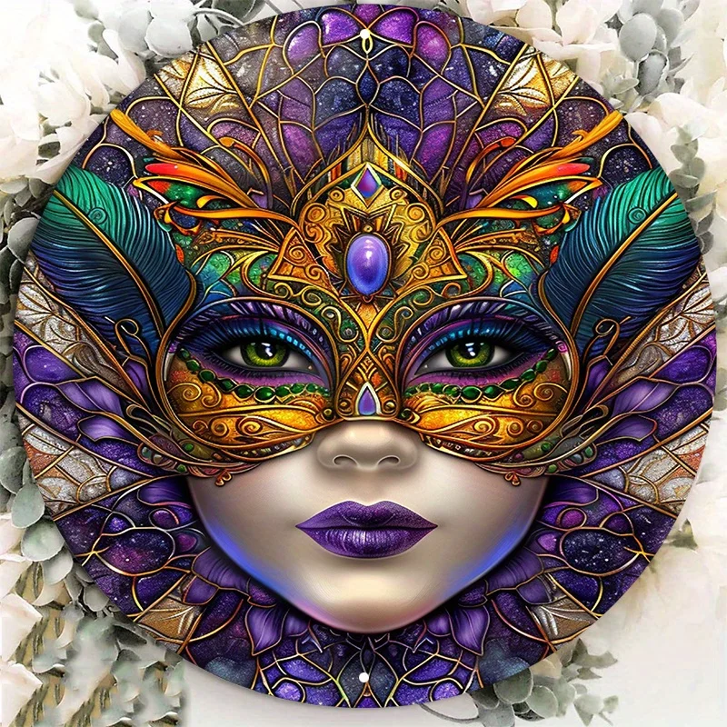 Aluminum Metal Sign Art Set, 8x8 Inch, Waterproof, Pre-Drilled, HD Printing, Stained Glass Style, Mardi Gras Mask Decor