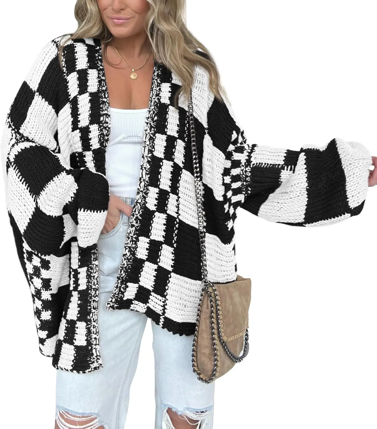 

FUNING Casual Cardigan Sweater for Women Fall 2025 Long Sleeve Open Front Chunky Knit Sweaters Checkered Outwear Coat