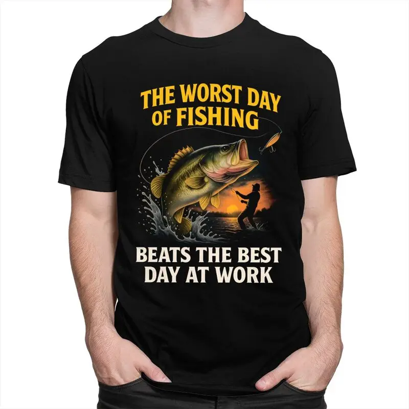 Worst Day Fishing Beats Work T Shirt for Men Tshirt Valentine's Day Gift Tees Short Sleeve Angler Fishman Lover T-shirt Slim Fit