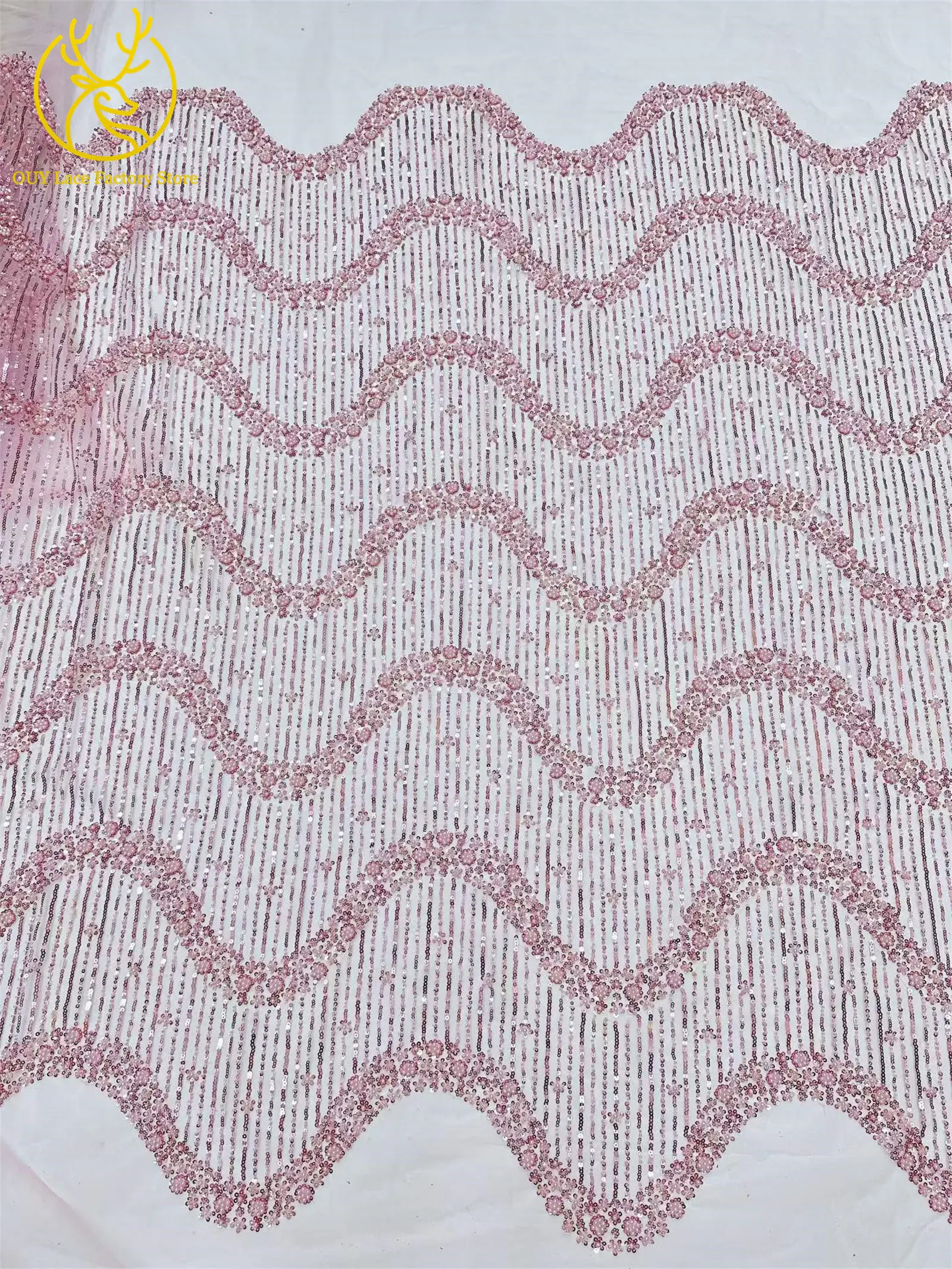 5 Yards Afrikanischer Bräutigam-Perlen-Tüll-Spitzenstoff Rosa Eleganter Nigerianischer Pailletten-Perlen-Netzstoff zum Nähen von Hochzeits- und Partykleidern – Detail 5