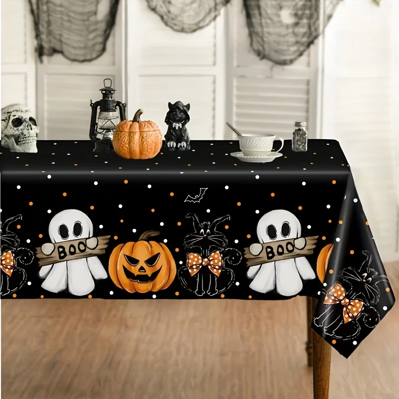 1pc, Halloween Disposable PE Tablecloth, 86.61 X 51.18inch, Black Pumpkin Ghost Tablecloth, Ghost Festival Supplies for Home, Ha