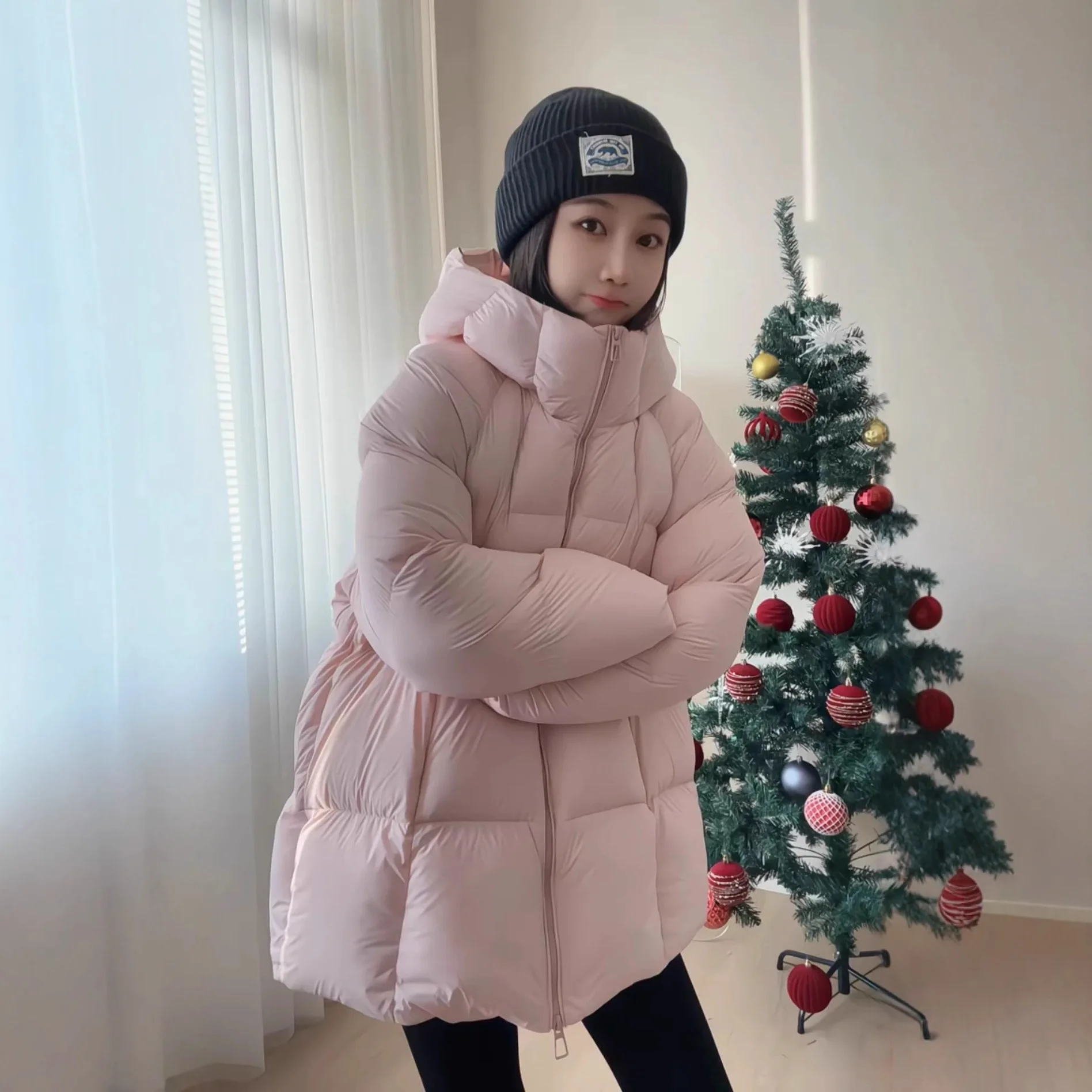 Nueva chaqueta acolchada larga con capucha y cuello de goma prensado para mujer, abrigo ligero de plumón de pato blanco cálido con cuello alto para invierno