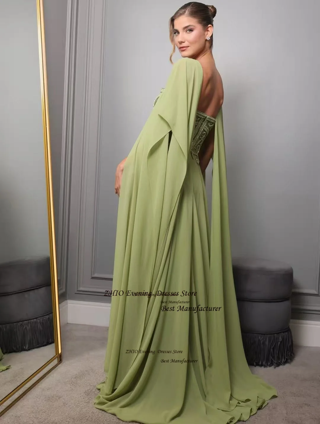 ZHIO ثوب مسائي شيفون أخضر مع شال مطرز طيات على شكل حرف A بياقة مربعة فستان الحفلات سويب تراين فستان حفلات مخصص