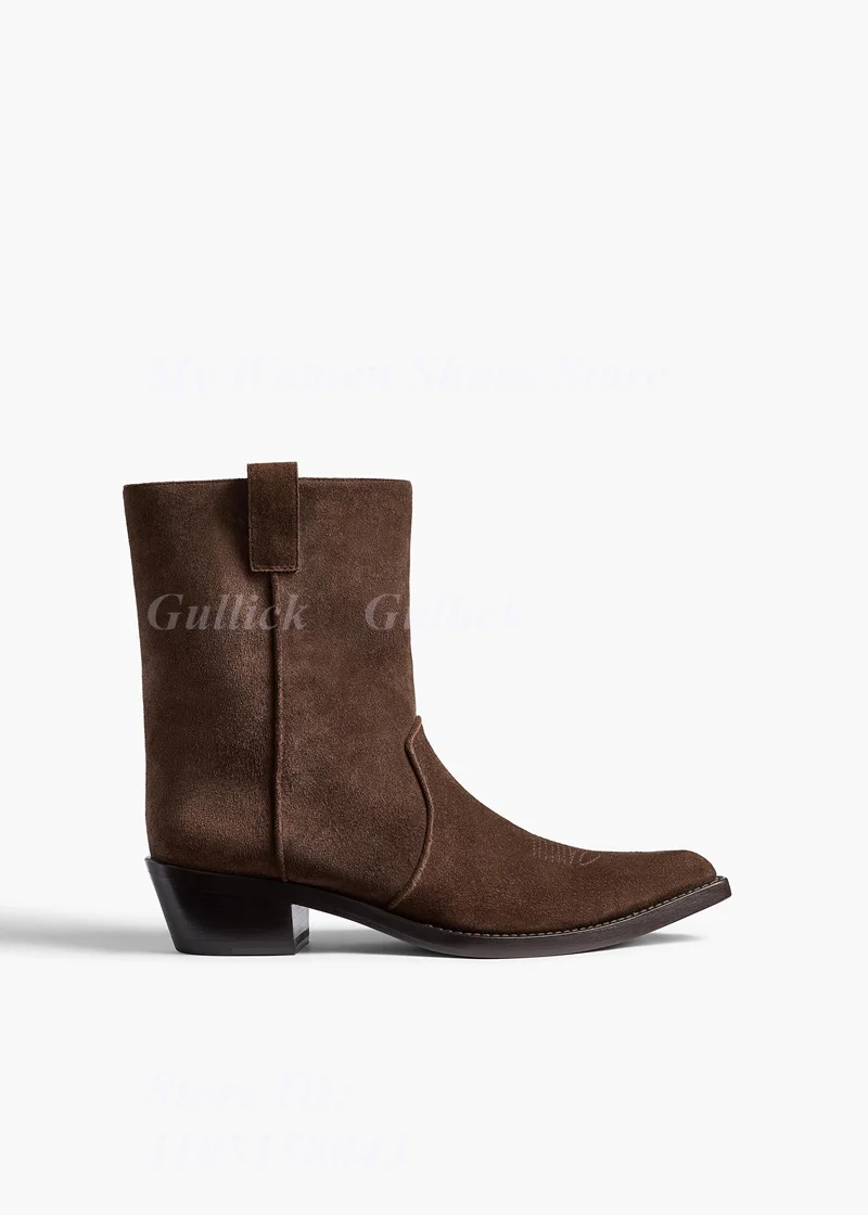 Western Classics Suede Ankle Booties Slip On 2026 Winter Autumn Snip-toe Silhouette Block Low Heel Stitched Welt Stacked Heel