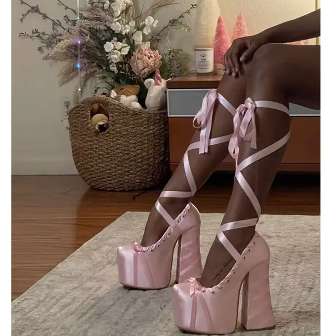 Princess Style Pink Silk Lace-Up pumps Mary Jane Platform Thigh Tie Chunky Square Heel Catwalk Shoes Lolita High Heels size 46