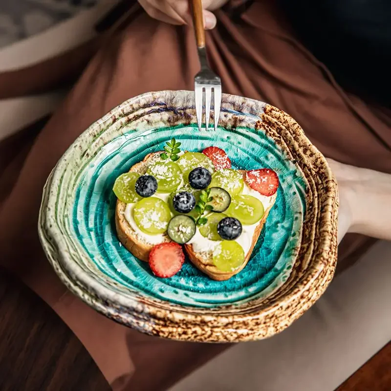 

Vintage Ceramic Blue Thread Dinner Plate 7 Inches Shaped Fruit Salad Dessert Dishes Western Pasta Breakfast Cake Plate Irregular