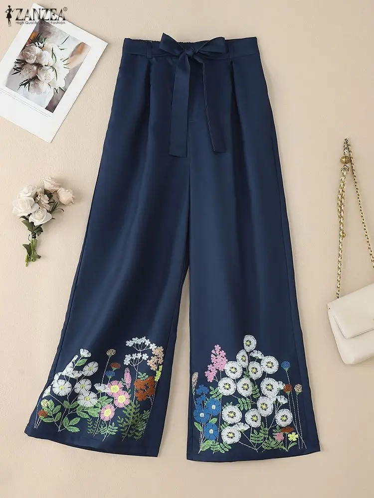 

Осень 2023, новые женские широкие брюки с цветочным принтом, свободные повседневные брюки с поясом и эластичной резинкой на талии ZANZEA, повседневная повседневная одежда 3XL