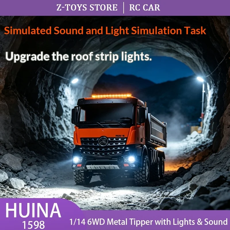 Huina 1598 1/14 RC Dump Truck 6WD 14CH Metal Alloy Tipper with Lights Sound 2.4GHz RTR Engineering Vehicle Toy
