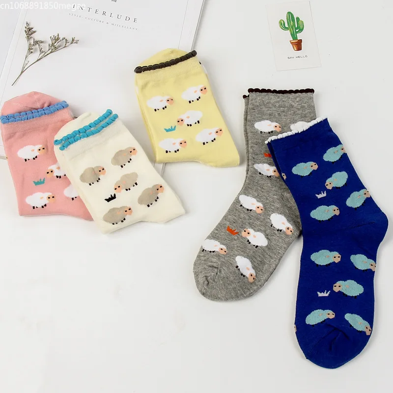 Korean Cartoon Sheep Print Cute Women Socks Japanese Style Kawaii High Long Socks Casual Harajuku Streetwear Cotton Crew Socks