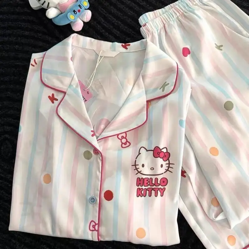 

Hello Kitty Women Sleeping Pajamas Sets Kawaii Cartoon Student Spring and Autumn Long Sleeve Pant Sleepwear Stripe Home Clothes