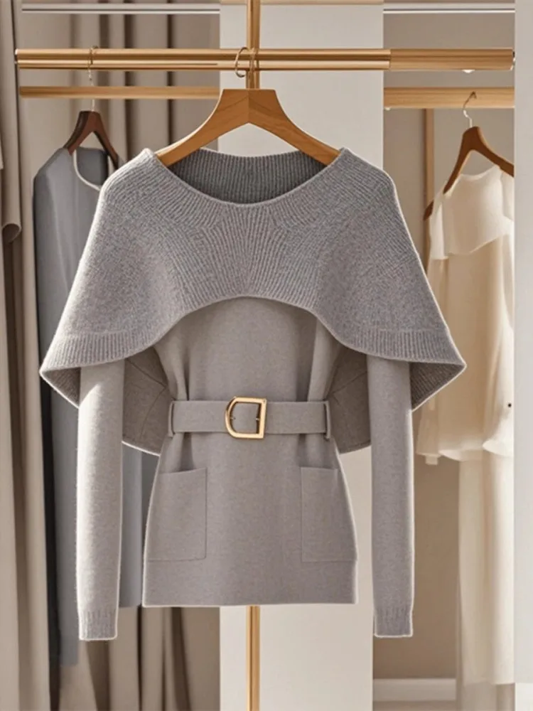 Retro Soft And Sticky Knitted Sweater For Women In Autumn And Winter, With A High-End Feel And A Unique Gray Cape Sweater