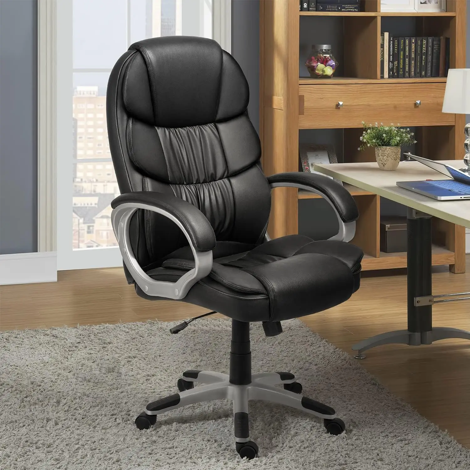 

Leather High Back Office Chair Ergonomic Executive Office Chair Swivel Computer Desk Chair Lumbar Support Soft Cushioned Padded