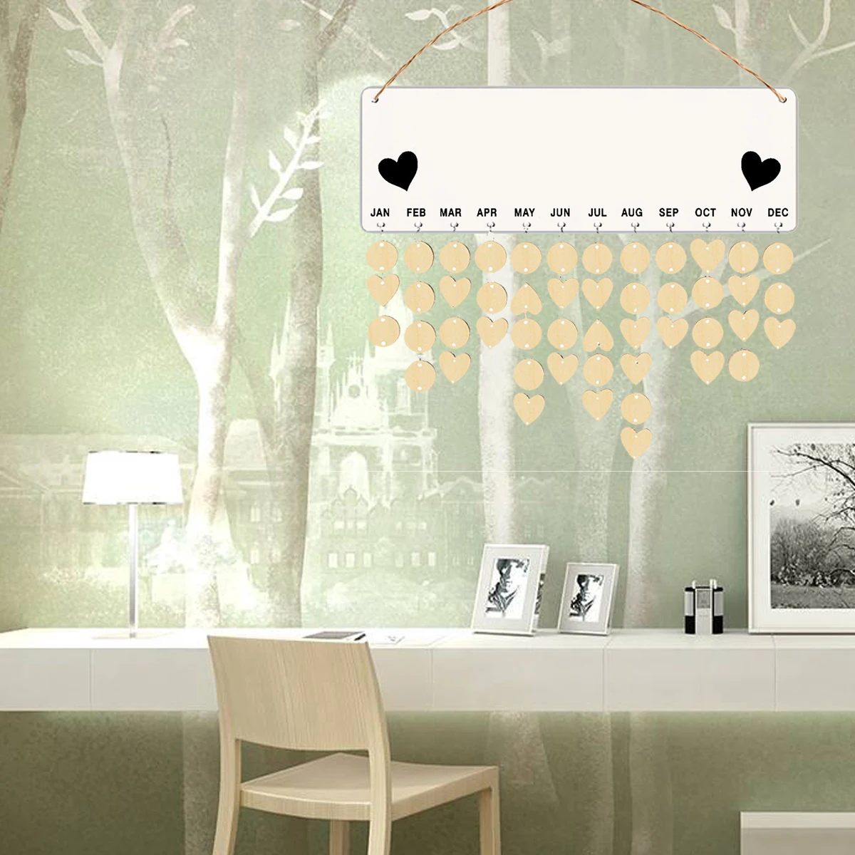 

Wooden Hanging Calendar Birthday Reminder Board Home Wall Decoration DIY Date Display with Rope Round for Mom