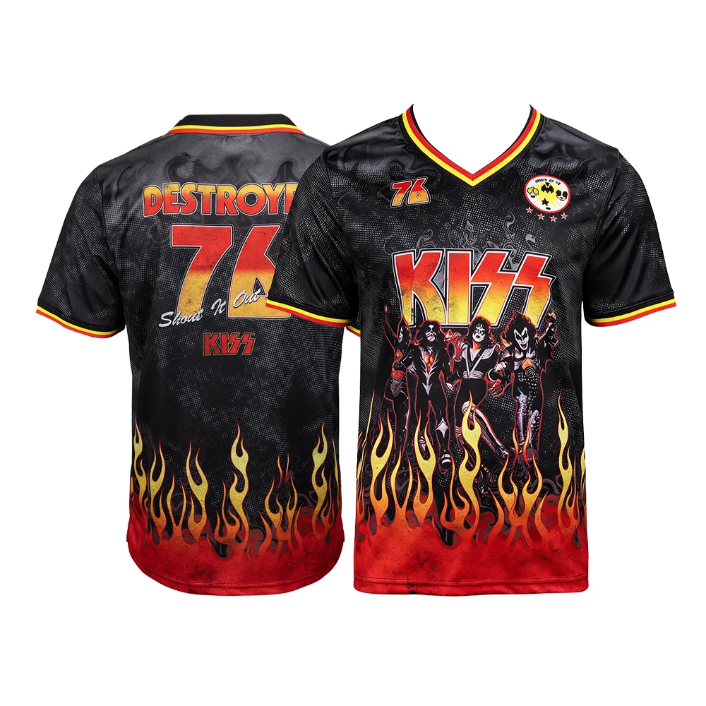 Summer Kiss Destroyer 76 Rock V-Neck Jersey, Y2K Flame Gradient Print, Family Matching Band Fan Uniform, Breathable Sport Shirt
