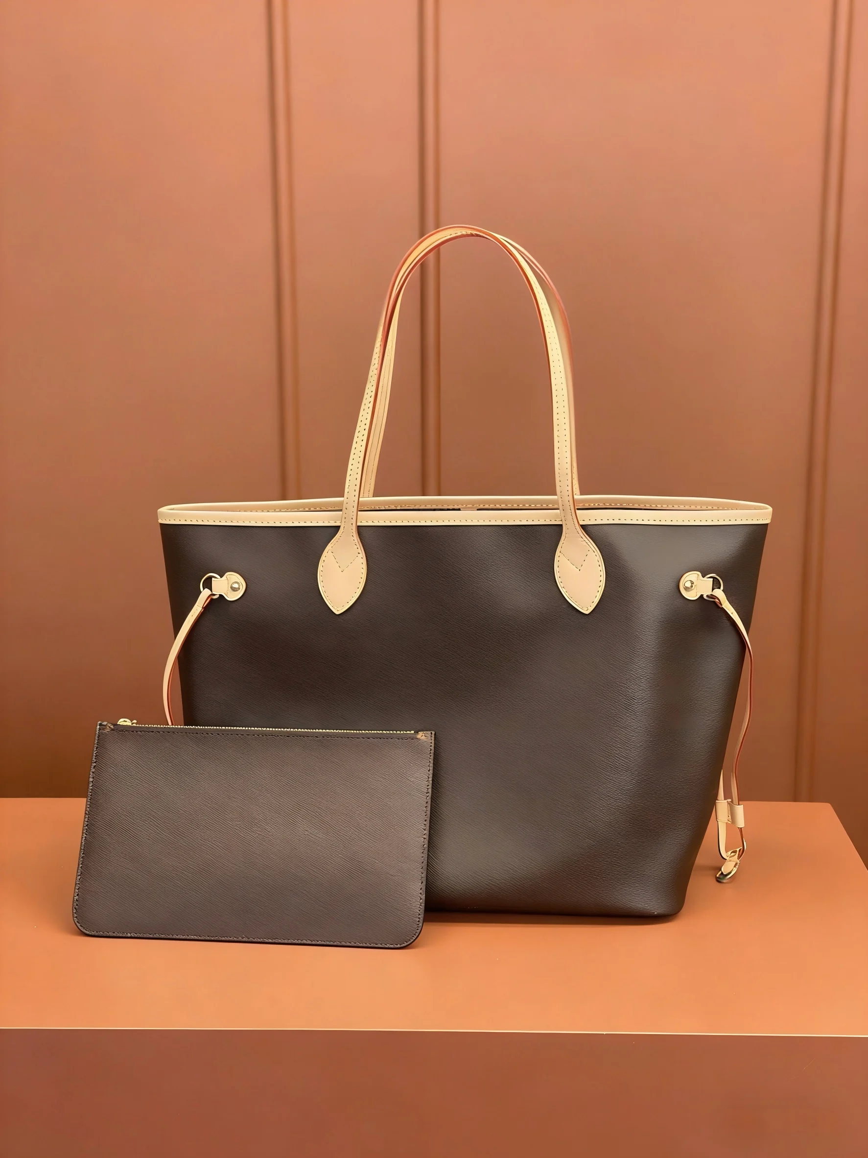 

Black & Beige Two-Tone Large-Capacity Tote Bag with Matching Zipper Pouch, Top Handles & Detachable Shoulder Strap, Practical L