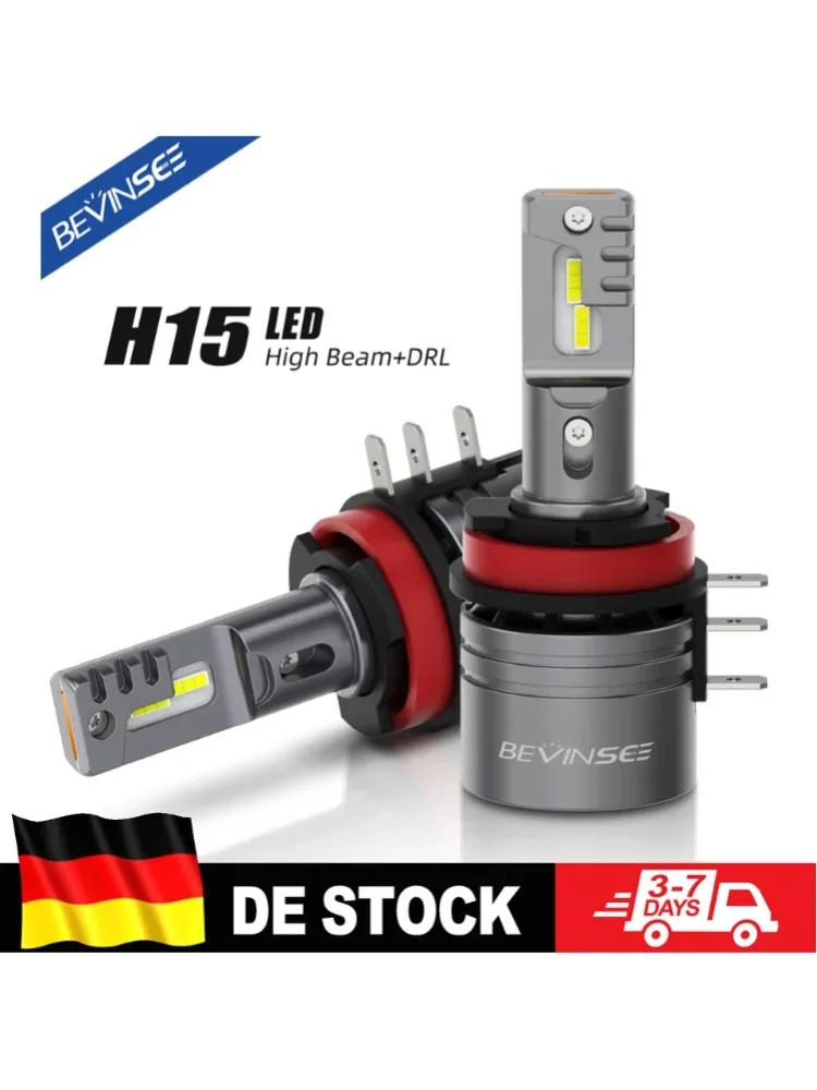BEVINSEE H15 LED Auto-Glühbirnen Fernlicht + DRL Tagfahrlicht Turbofan LED Autolampe Hohe Helligkeit 6000K Weiß für BMW Audi Ford VW Benz Mazda 12V