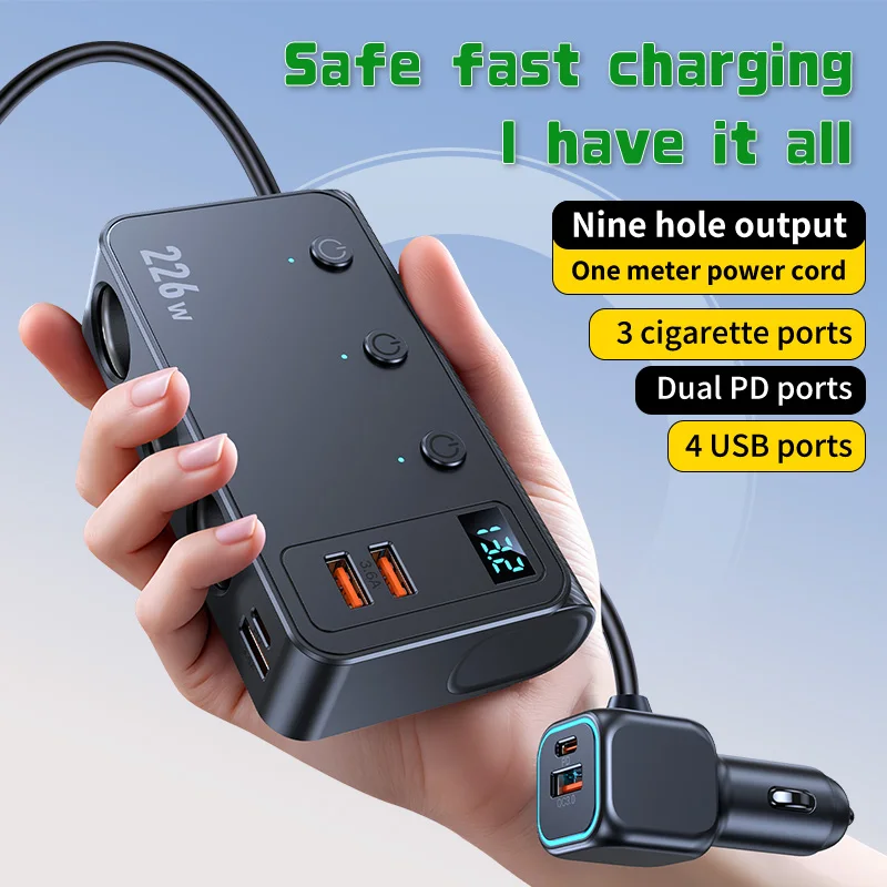 

226W Car Charger Fast Charging Cigarette Lighter Split Adapter PD QC3.0 USB Voltage Display Front Rear Charge 12V 24V Truck SUV