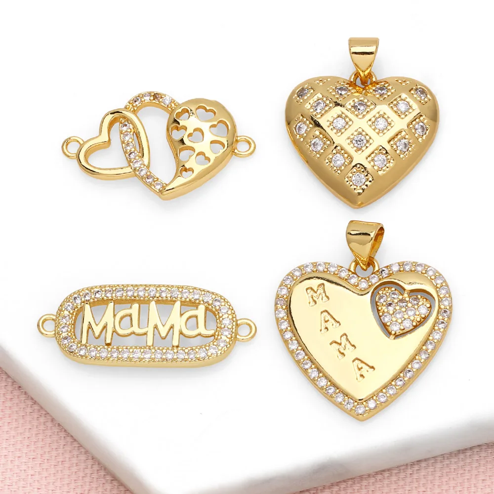 OCESRIO White Crystal MAMA Heart Pendant for Necklaces Copper Gold Plated Mom Mothers' Day Jewelry Making Component pdtb599