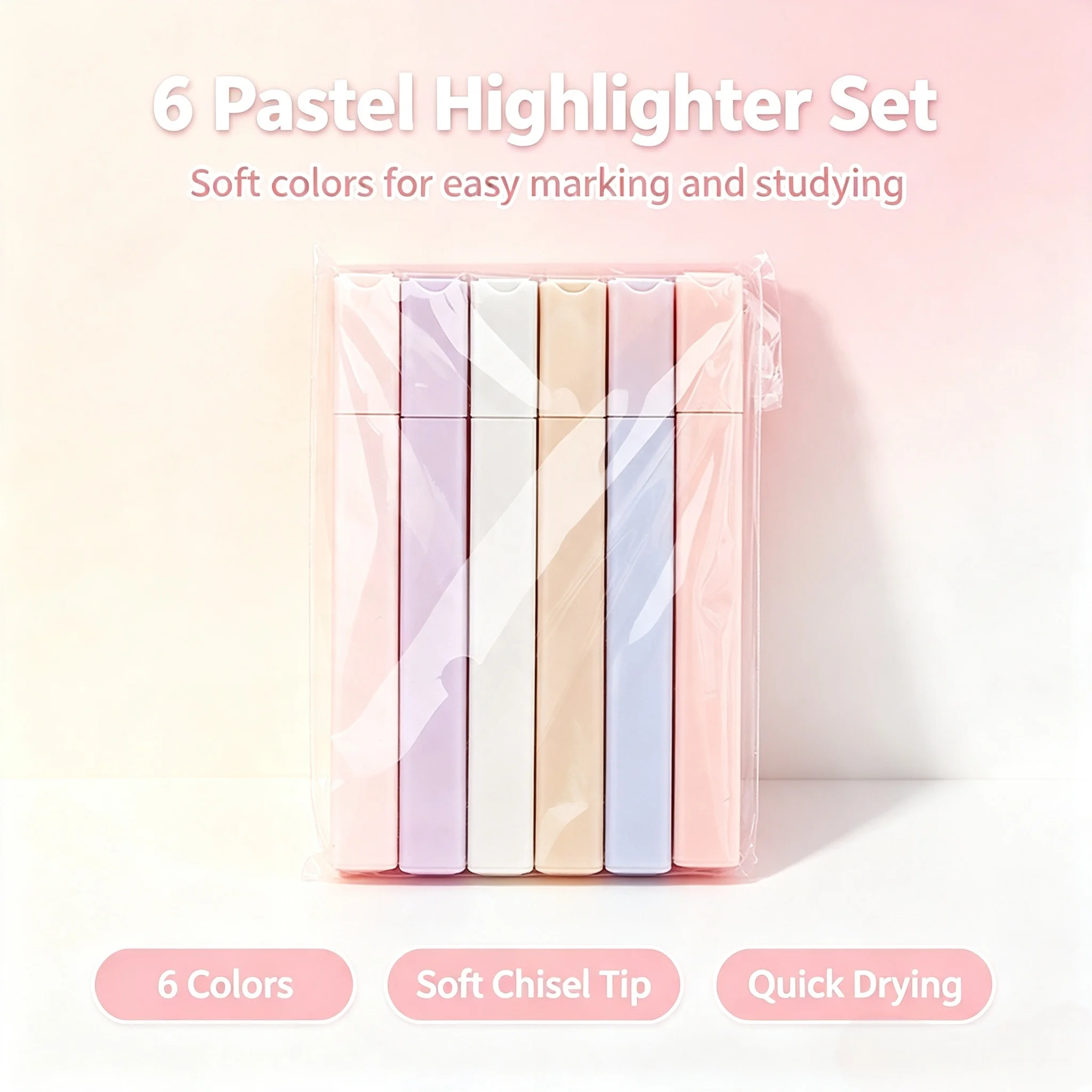 Highlighter Set Pastel - 6 ชิ้น ปากกาเน้นข้อความสีลูกกวาดน่ารักสไตล์โมแลนดี้ของ Lytwtw สำหรับอุปกรณ์สำนักงานและโรงเรียน ของขวัญ