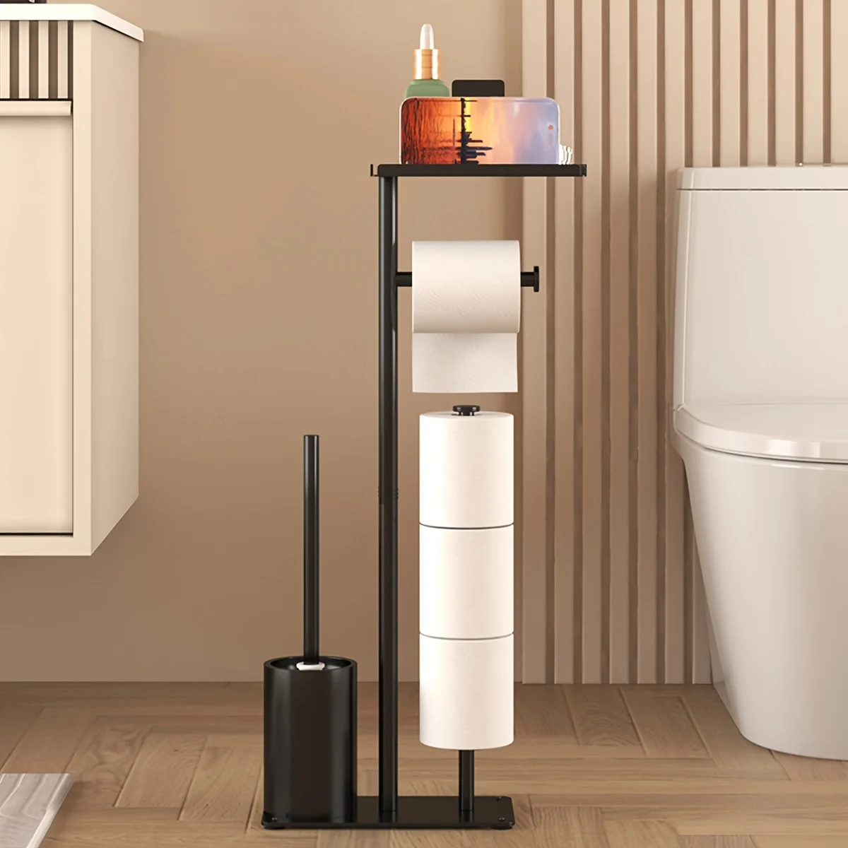 1 Piece Freestanding Toilet Paper Holder with Toilet Brush and Storage Space - Self-Adhesive Iron Art Bathroom Organizer, Space-Saving Design, Suitable for Tissues and Rolls, Modern Minimalist Style, Ideal for Living Room or Bathroom Decoration, Ideal Christmas/Halloween Gift, Bathroom Toilet Paper Holder, Temporary Phone Storage Rack for the Restroom, Decorative Toilet Paper Holder, Stylish Metal Surface