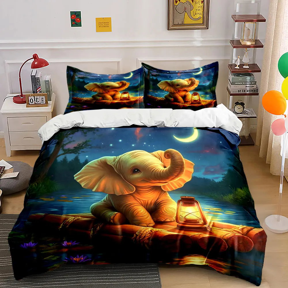 Cute elephant on raft under moonlight Pattern Duvet Cover Set Digital Print Colorful Polyester Bedding with Zipper Closur gifts