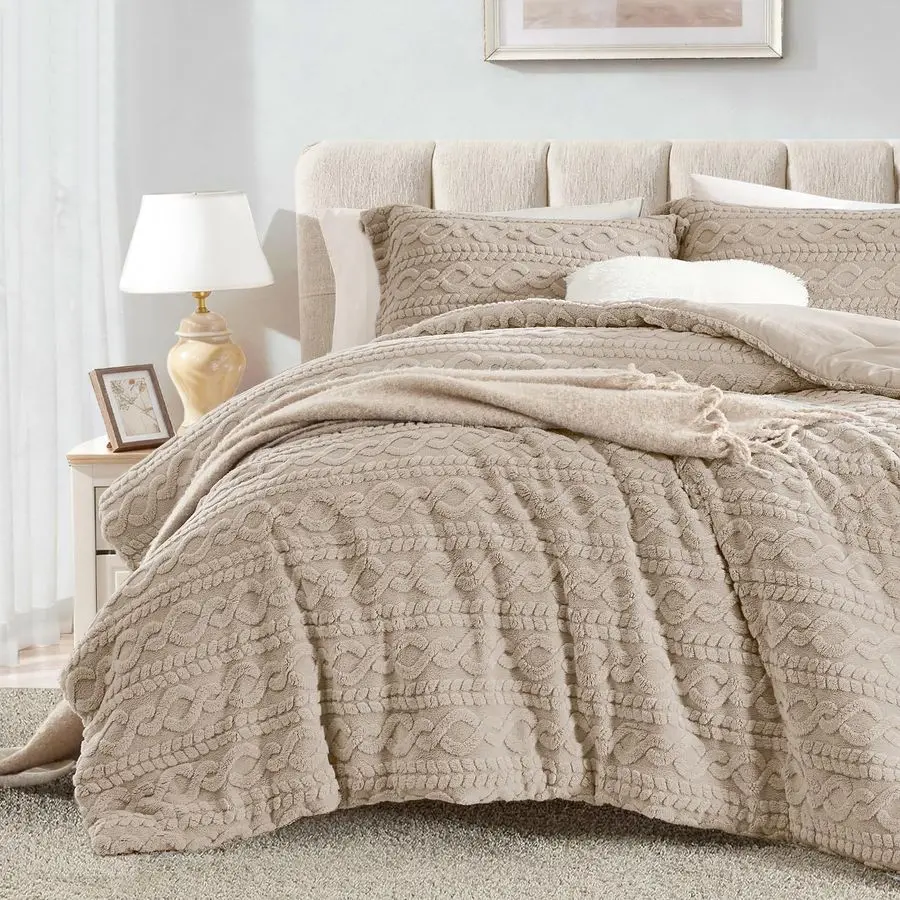 

Fluffy Comforter Set Queen Size, Beige Warm Fleece Comforter Full Size Bed Set for Winter 3 Piece
