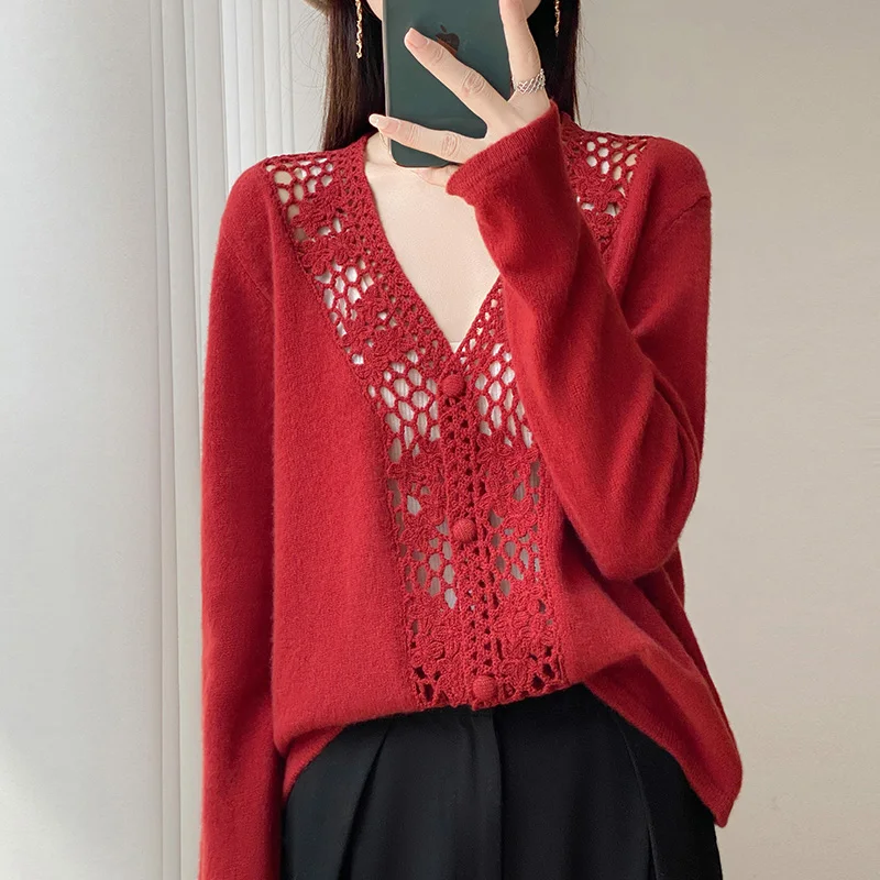 

Осенне-зимний новый женский шерстяной однотонный кружевной кардиган с v-образным вырезом, связанный вручную крючком, полый вязаный кардиган, пальто