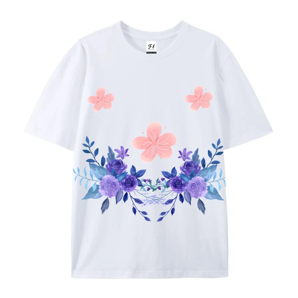 

Unisex T - Shirt, Blue Flowers and Pink Blossoms Graphic Print, Floral Art Design, Casual Short - Sleeve, Trendy Streetwear Tee