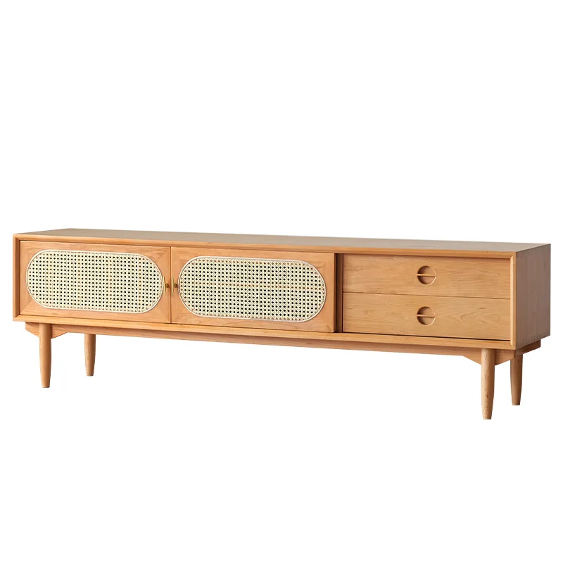 Hochwertige TV-Ständer aus massivem Holz, einfache kleine TV-Ständer für die Wohnung, Rattan-Aufbewahrung, Retro-Wohnmöbel, Ein Fernseher