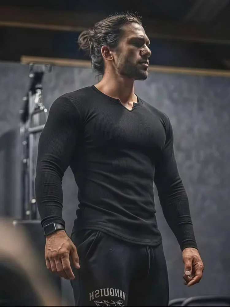 Men's Fashion Fitness Sports Long Sleeve T-Shirt Retro Outdoor Home V-Neck Spring Summer Gym Fitted Clothing image 5