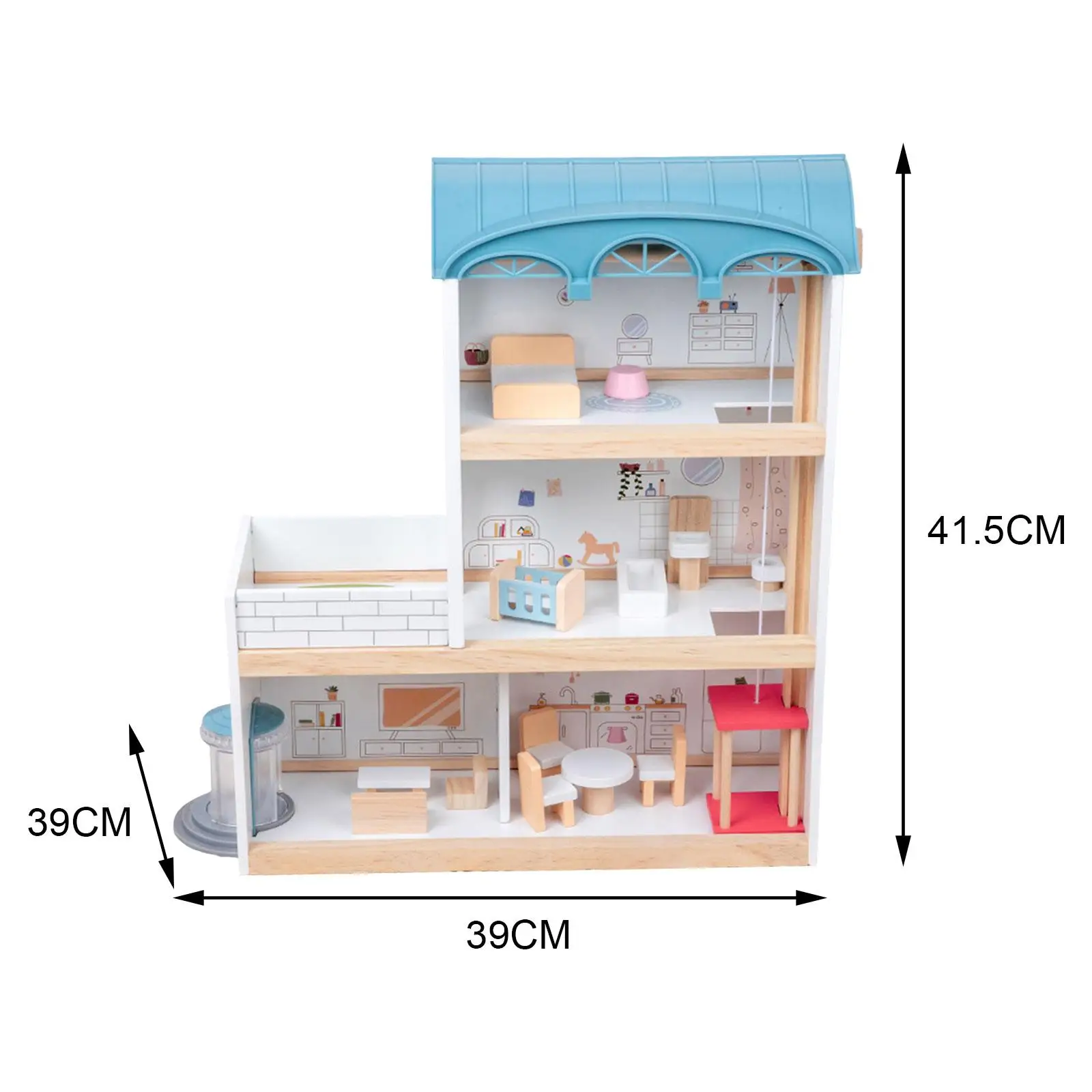 Casa de muñecas de madera, casa de estilo europeo con muebles, juego de 3 pisos, artesanía