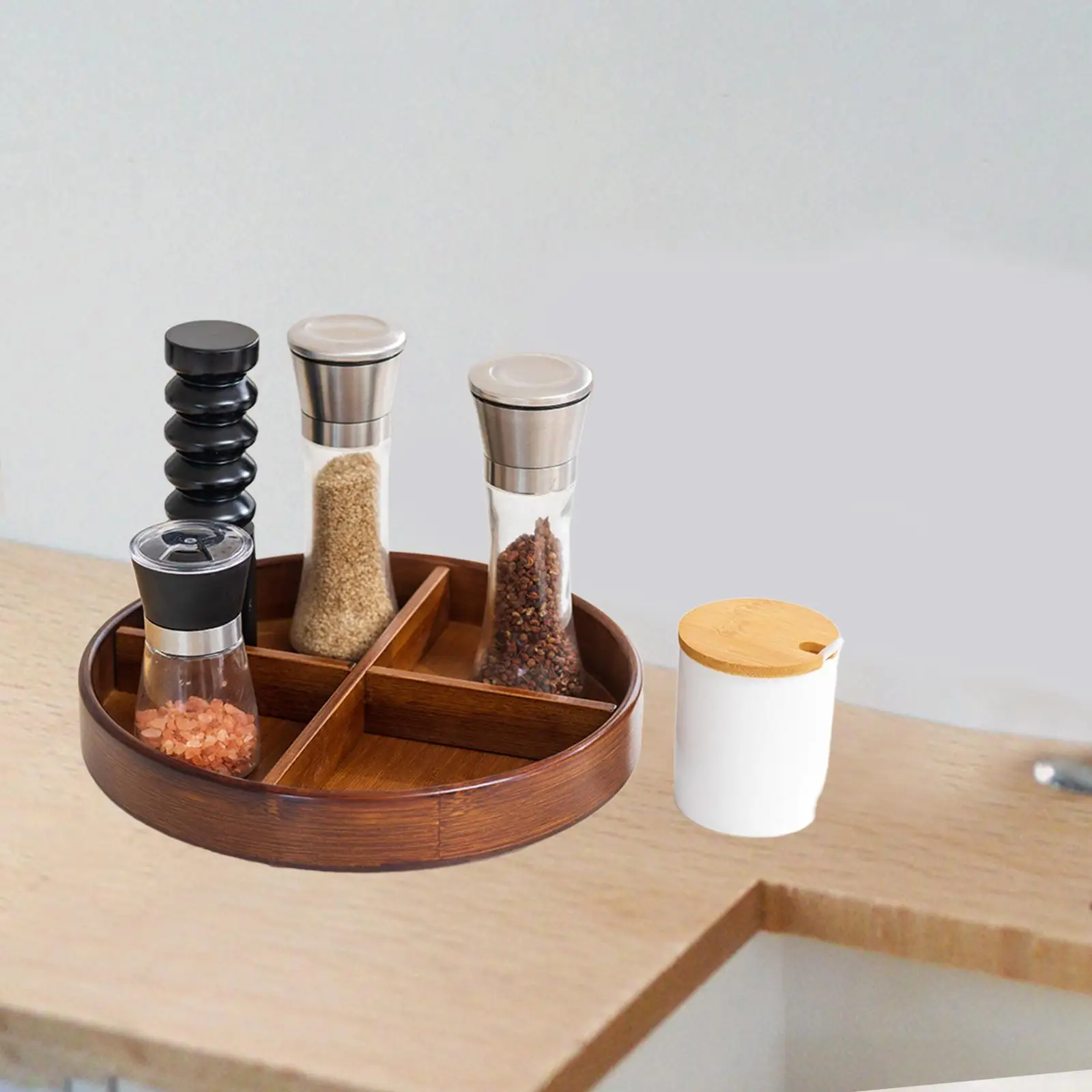 Kitchen Corner Turntable Organizer Bamboo Rotating Tray for Spice Jars Condiments Cabinet Countertop Storage Shelf