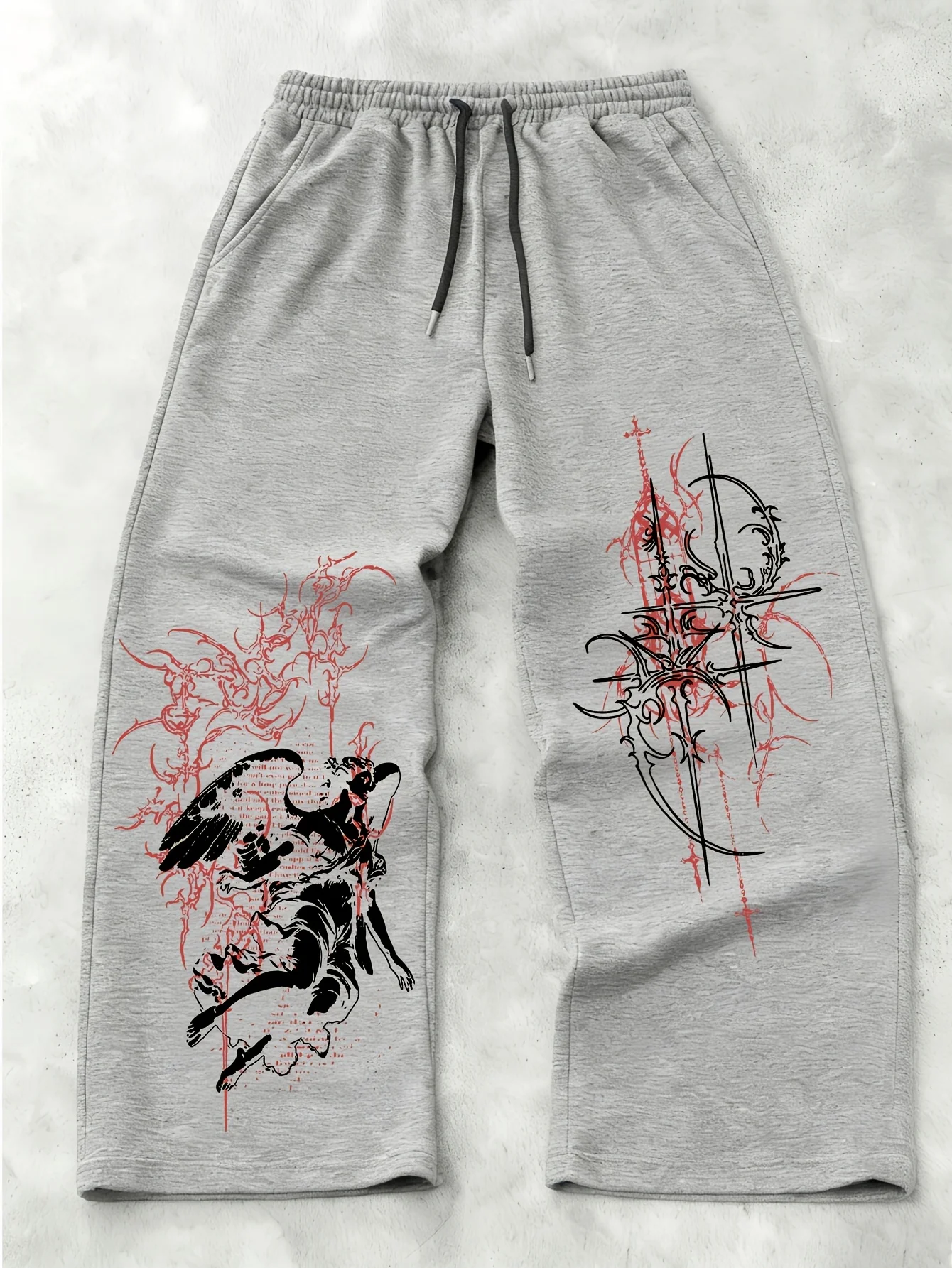 2627 Unisex Neue Gerade Jogginghose mit Gothic-Engel-Kreuz-Print, Lose Hose, Dark-Punk-Streetwear, Y2K, Lässige Lange Hose – Detail 8