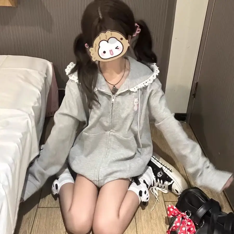 Y2k renda orelha zíper moletom com capuz jaet menina outono inverno japonês sle bonito subcultura otaku topo feminino faion escola orm